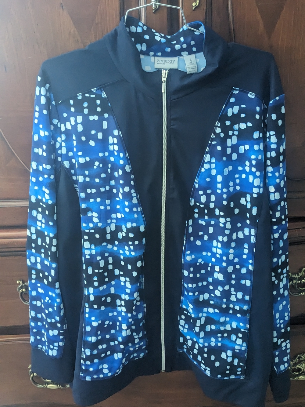 Zenergy Chico's Blue and Black Patterned Zip-Front Utility Jacket 3